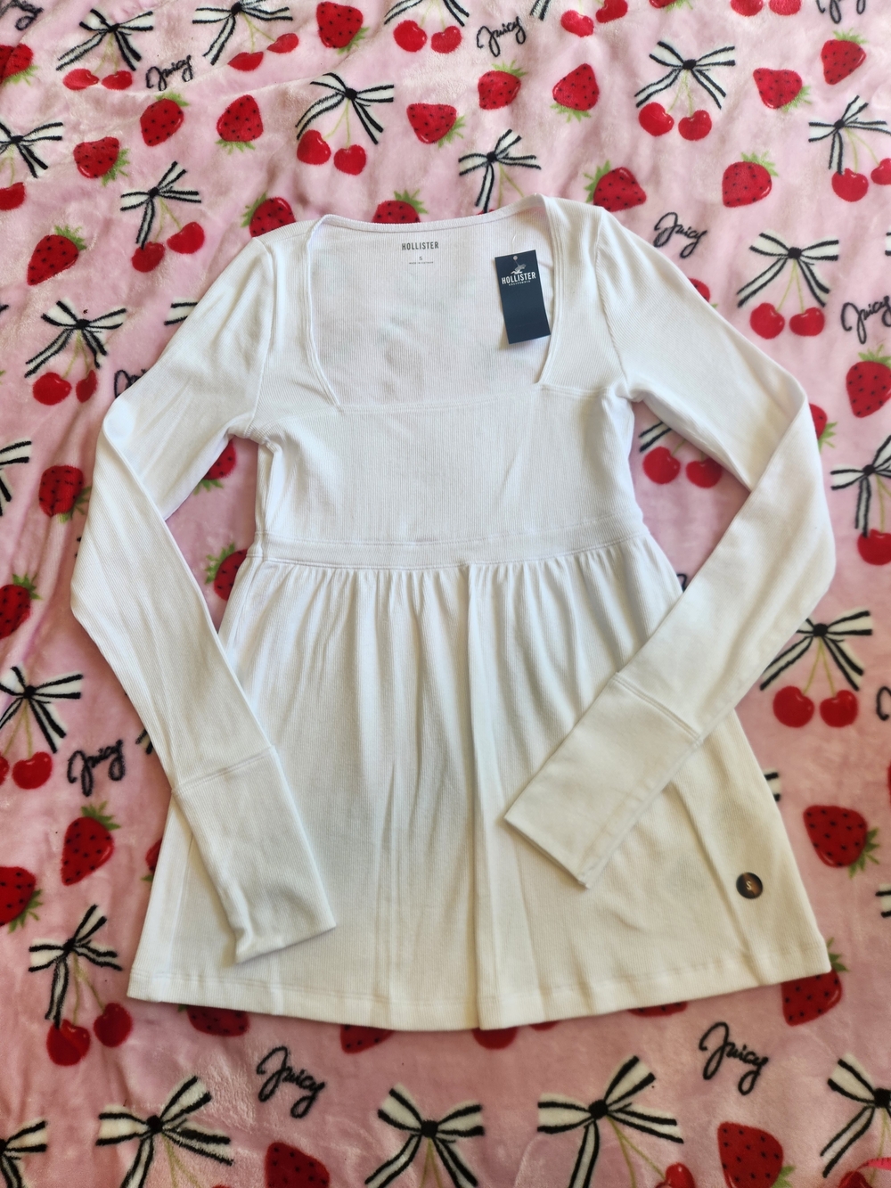 Hollister White Ribbed Long-Sleeve Square Neck Top Empire Waist Babydoll